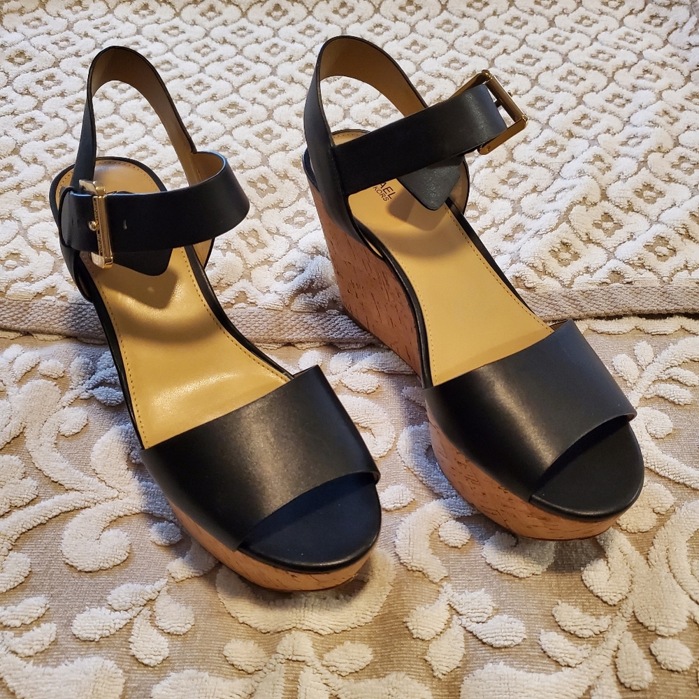 - Michael Kors leather and cork platform wedge sandals